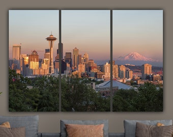 Seattle Skyline Mt. Ranier Artwork, Large Canvas Wall art Seattle Sunset Photo with Mount Ranier, Great Office or Living Room Wall Print