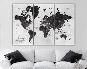 Extra Large Smoked Black & White Push Pin Personalized World Canvas Set, Wall Art Travel Gift, Custom Quote Map with Pins To Mark Travels