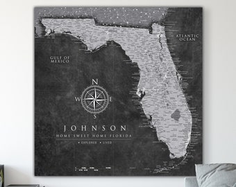 Grey Florida Push Pin Map, Canvas Florida Office Wall Art, State Pinboard Travel Map with pins. Available as Maine, New York or any State