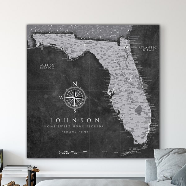 Grey Florida Push Pin Map, Canvas Florida Office Wall Art, State Pinboard Travel Map with pins. Available as Maine, New York or any State