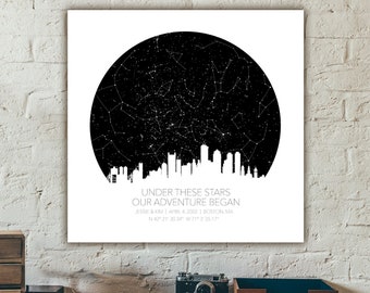 Square Custom Star Map Framed Canvas with City Skyline, Personalized Constellation Night Sky Map Custom by date, Unique Wedding-Newborn Gift