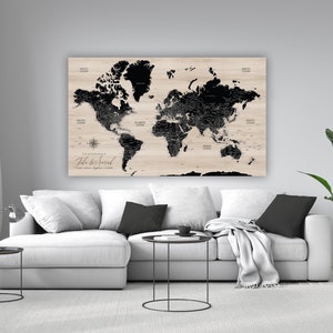 Modern Wood Push Pin Map of World on Canvas with Personalized Legend, Custom Colors, Pinboard World Office Decor Map for Pinning Travel