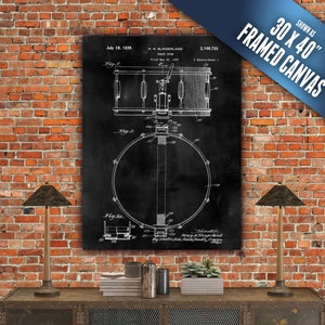 Snare Drum Patent Art on Canvas. Stretched, Framed & Ready to Hang. Large Wall Art, Percussion, Music Teacher Gift, Music Room Decor