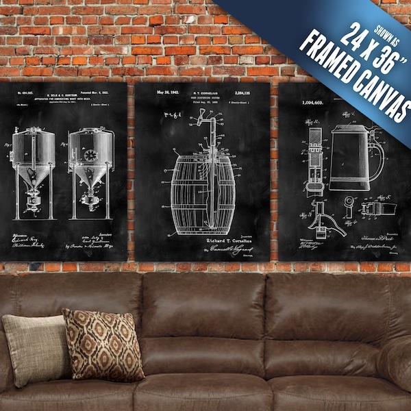 Beer Patent Art Canvas Framed & Ready to hang. Large Wall Art, Beer Patent Print, Craft Beer art, Stein, Bottler, Keg, Fathers Day Gift