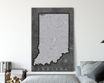 Grey Indiana Push Pin Map, Canvas Office Wall Art, State Travel Map with Pins, Also available for Florida, Texas, New York or Any U.S. State