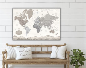 Farmhouse Push Pin World Map Personalized Canvas, Travel Gift, Rustic Push Pin Travel Map, Fixer Upper, Modern Wall Art, Gifts for her