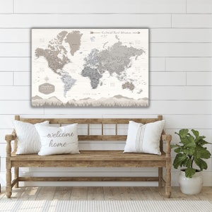 Farmhouse Push Pin World Map Personalized Canvas, Travel Gift, Rustic Push Pin Travel Map, Fixer Upper, Modern Wall Art, Gifts for her