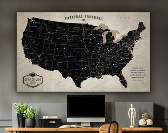 Vintage Football Stadium Tour Map, Push Pin Map for Stadium Bucket List Visits, Custom Football Gift for Him, Office Man Cave NFL Wall Art