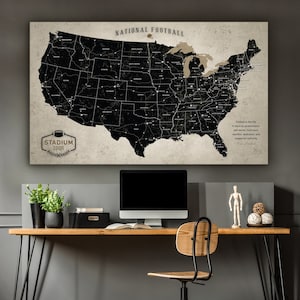 Vintage Football Stadium Tour Map, Push Pin Map for Stadium Bucket List Visits, Custom Football Gift for Him, Office Man Cave NFL Wall Art
