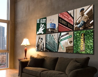 May include: A brown couch with a patterned rug in front of it. The wall behind the couch has a collage of vintage Chicago Cubs themed artwork. The artwork includes the words "Be Alert", "Cubs Win", "Sheffield", and "355".