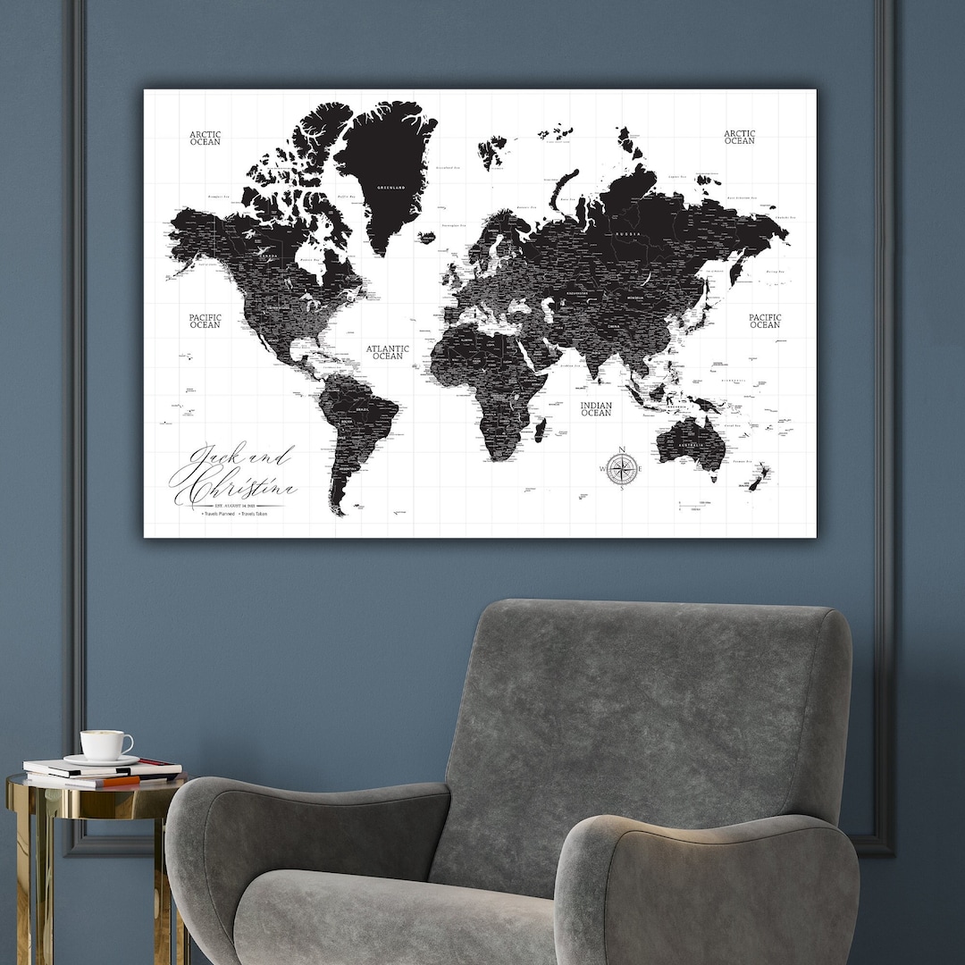 Black & White Push Pin World Map Custom Canvas, Large Wall Art Travel ...