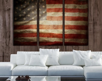 Vintage American Flag on Canvas - 3 panel set. Perfect for any home or office. USA Flag, Vintage flag art, American flag wall art, USA print