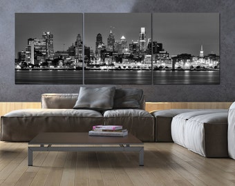 Philadelphia Skyline on Canvas, B&W Large Wall Art, Philadelphia Print, Philadelphia art, Philadelphia Photo, Philadelphia Canvas, Panoramic