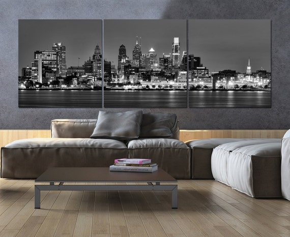 Philadelphia Skyline on Canvas, B&W Large Wall Art, Philadelphia Print, Philadelphia art, Philadelphia Photo, Philadelphia Canvas, Panoramic