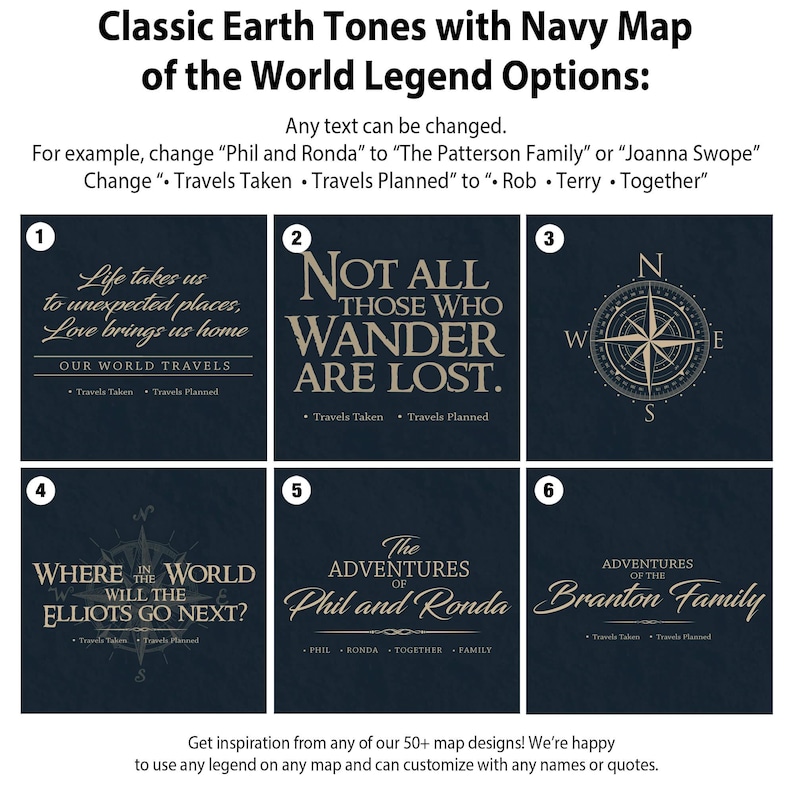 Classic Earth Tones with Navy World Push Pin Map on Premium Canvas with Personalized Legend, Customized Pinboard Map for Pinning Travel