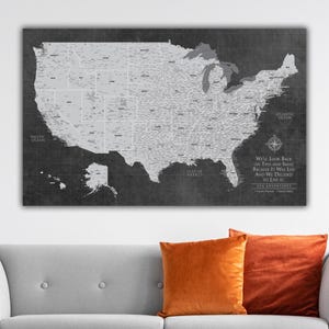 Grey USA Push Pin Map Custom Canvas, Personalized Travel Map, Detailed United States Map, Travel Gift, USA Map with Pins, Large Wall Art