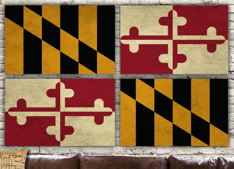 Maryland State Flag on Canvas 4 panel set. Vintage art, large Canvas Art, Maryland Flag, Big art image 4