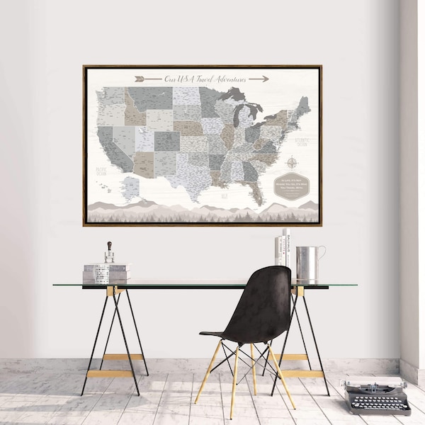 Farmhouse Push Pin USA Map Personalized Canvas, Travel Gift, United States Push Pin Travel Map, Large Custom Modern Farmhouse Wall Art