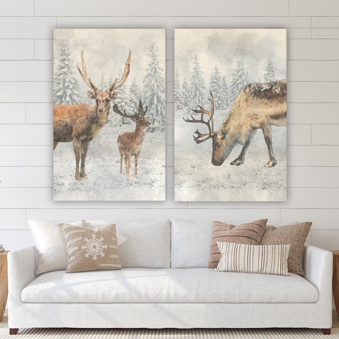 Winter Wonderland Wall Art, Reindeer Gallery Wrapped Canvas, Large