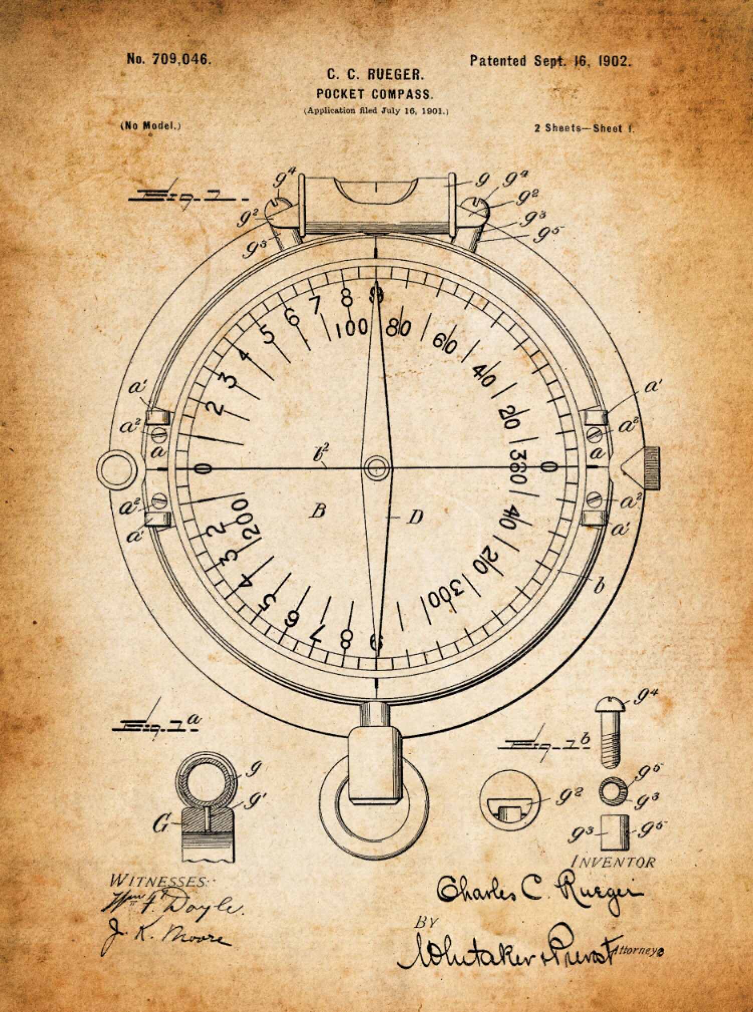 グエン Travel Compass Patent Print on Canvas. Gallery Wrapped