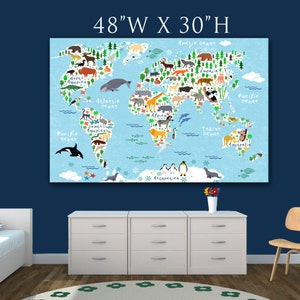 World Animal Map Kids room art, Nursery art, Kids room canvas, Animal art, Nursery wall art, kids world map poster, Childrens Map image 7