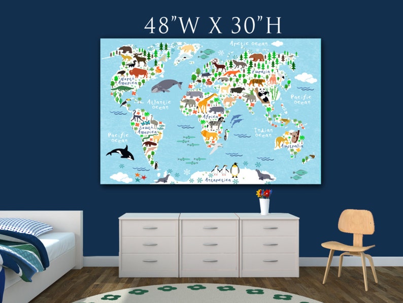 World Animal Map Kids room art, Nursery art, Kids room canvas, Animal art, Nursery wall art, kids world map poster, Childrens Map image 7