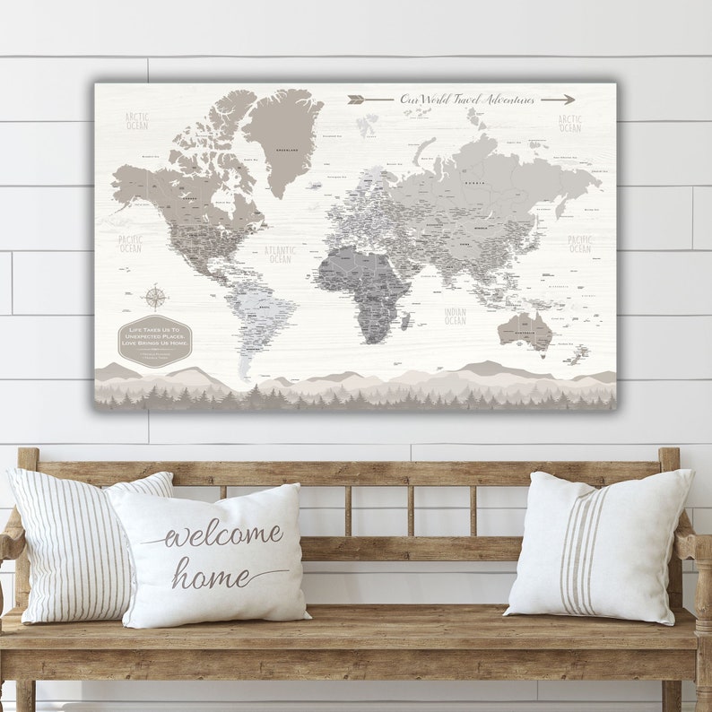 Farmhouse Push Pin World Map Personalized Canvas, Travel Gift, Rustic Push Pin Travel Map, Fixer Upper, Modern Wall Art, Gifts for her 