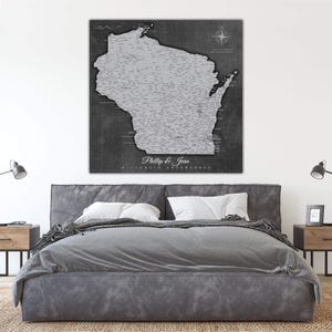 GREY Wisconsin Push Pin Map, Personalized Wisconsin State Map, Upscale Canvas Art to Pin Travels, State Pride Decor, Best Gift for Travelers