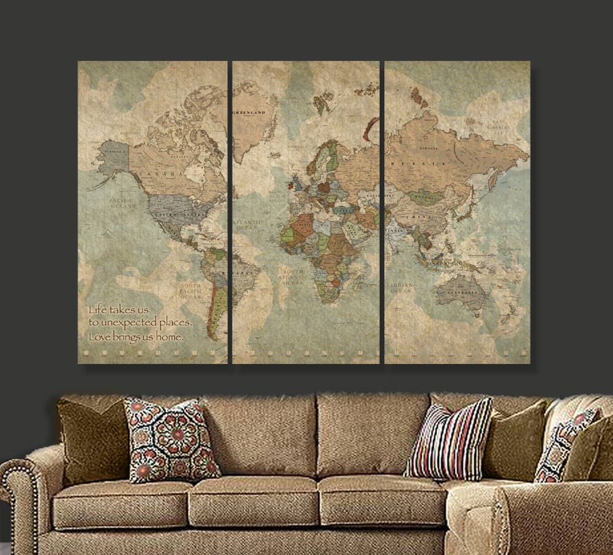 Travel Map of World on CANVAS World Map Decor World Map Etsy