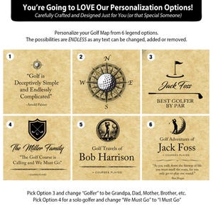 Op de afbeelding: Een grafiek met personalisatie-opties voor golfkaarten, met zes ontwerpvoorbeelden. Elk ontwerp bevat tekst en golfgerelateerde illustraties, zoals een kompas, een golfbal en een club. De tekst biedt citaten en aanpassingsmogelijkheden.
