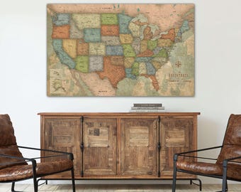 USA Push Pin Travel Map, Vintage look Customized Push Pin Map, Large Wall art, Wedding, Travel, New Home Gift United States Personalized Map
