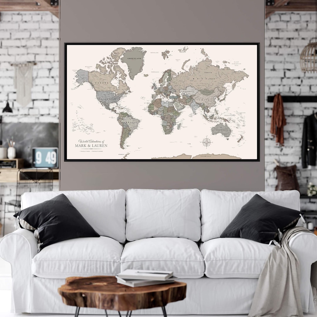 Muted Map Background Muted Earth Tones World Push Pin Map on Premium Canvas With ...