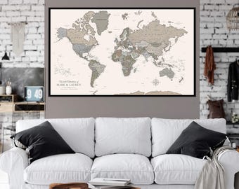 Muted Earth Tones World Push Pin Map on Premium Canvas with Personalized Legend, Customized Pinboard Office Decor Map for Pinning Travel