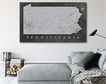 GREY Pennsylvania Push Pin Map, Personalized Pennsylvania State Map, Upscale Canvas Art to Pin Travels, State Art, Best Gift for Travelers