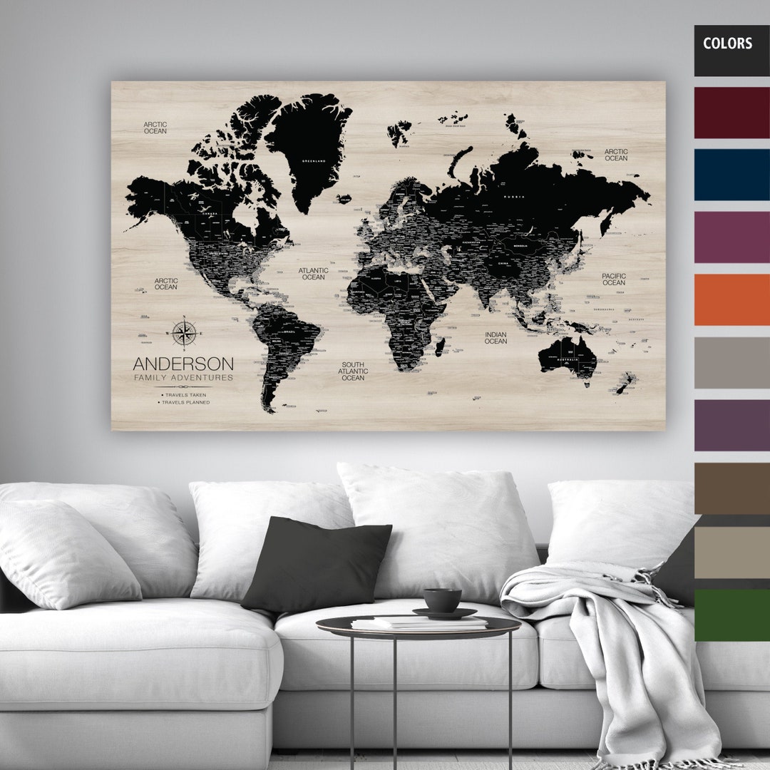 Modern Wood Push Pin Map of World on Canvas With Personalized - Etsy