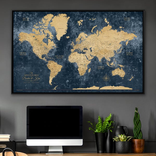 Gold & Navy Textured World Push Pin Map on Premium Canvas with Personalized Legend, Customized Pinboard Office Decor Map for Pinning Travel