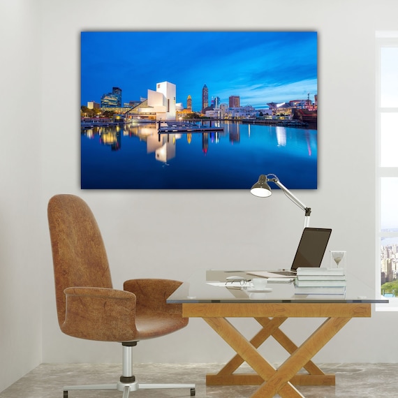 Cleveland Skyline on Canvas, Ohio Skyline at Night, Panoramic Photo Cityscape, Large Wall Art, Rock & Roll Hall of Fame, Browns Stadium