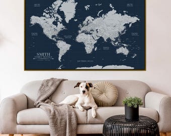 Navy Push Pin Travel Map World, Custom Push Pin World Map, Canvas Map, Travel Gifts, Travel Map Canvas, Push Pin Map, Personalized Map
