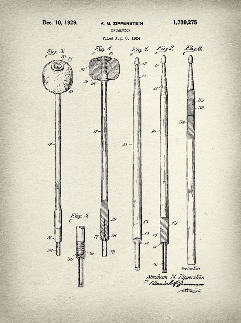 May include: A black and white line drawing of a patent for a drumstick. The patent is dated December 10, 1929, and the inventor is Abraham M. Zipperstein. The drawing shows different views of the drumstick, including the tip, the shaft, and the grip.