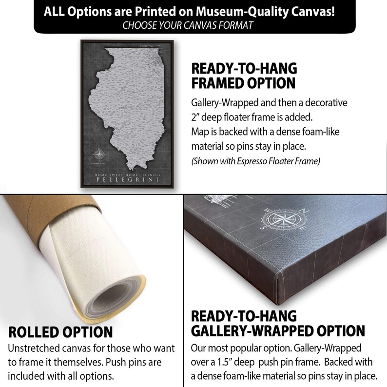 GREY Illinois Push Pin Map, Personalized Illinois State Map, Upscale