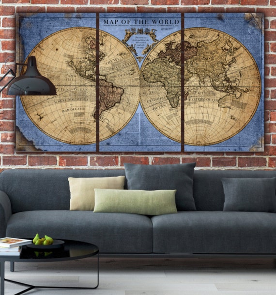 Globe World Map Blue Tan Canvas Large Wall Art Canvas Wall Etsy