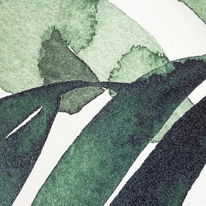 May include: Abstract watercolor painting with dark green and light green brushstrokes on a white background.