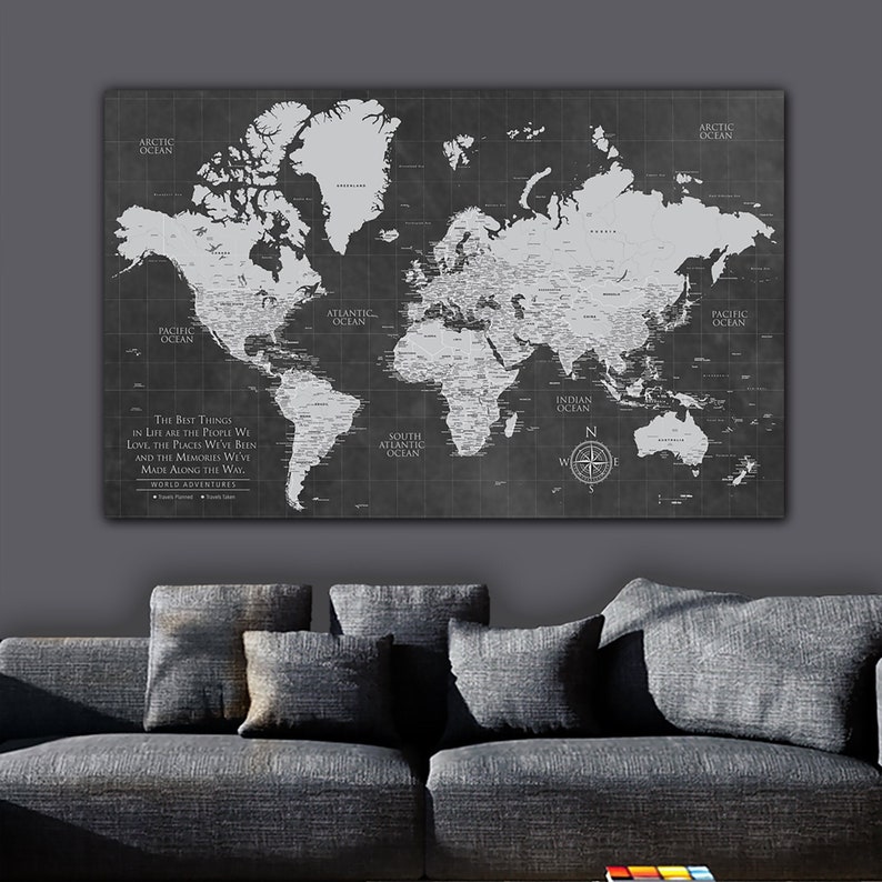 Grey Push Pin World Map Personalized 1-Panel Canvas, Custom Travel Map, Push Pin Map, Travel Gifts, World Map Push Pin, Cotton Anniversary 