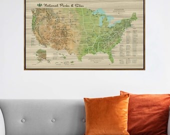 National Parks & Sites USA Push Pin Map on Canvas, Over 700 Sites, Custom Travel Map Art with Pins, Forests, Parks, Trails, etc. Great Gift