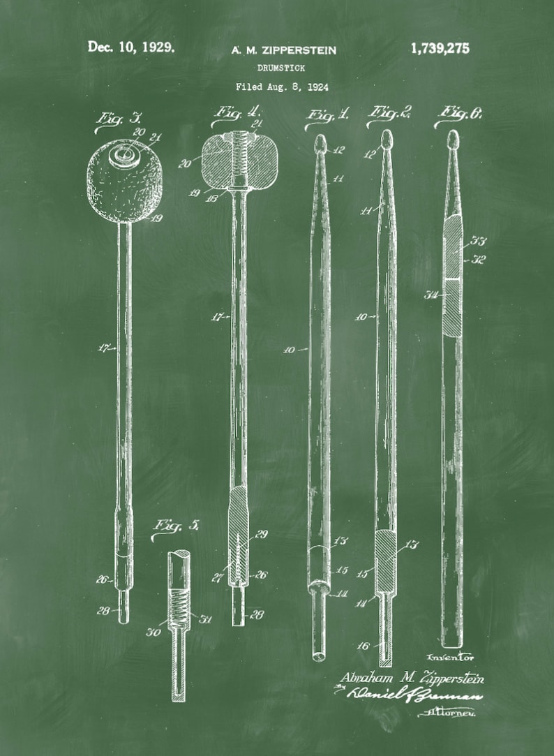 May include: A black and white line drawing of a drumstick patent, showing different views of the drumstick design. The patent is dated December 10, 1929, and filed August 8, 1924. The patent number is 1,739,275. The inventor is Abraham M. Zipperstein.