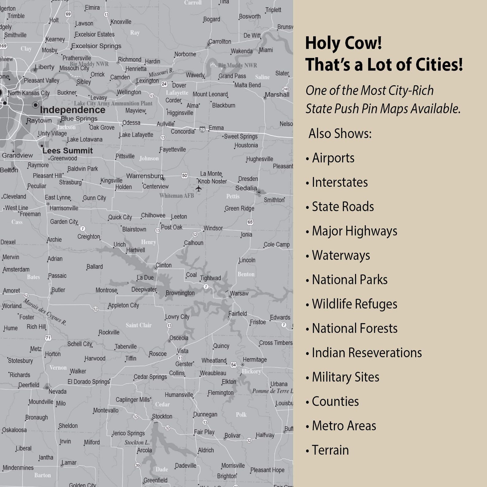 GREY Missouri Push Pin Map, Personalized Missouri State Map, Upscale ...