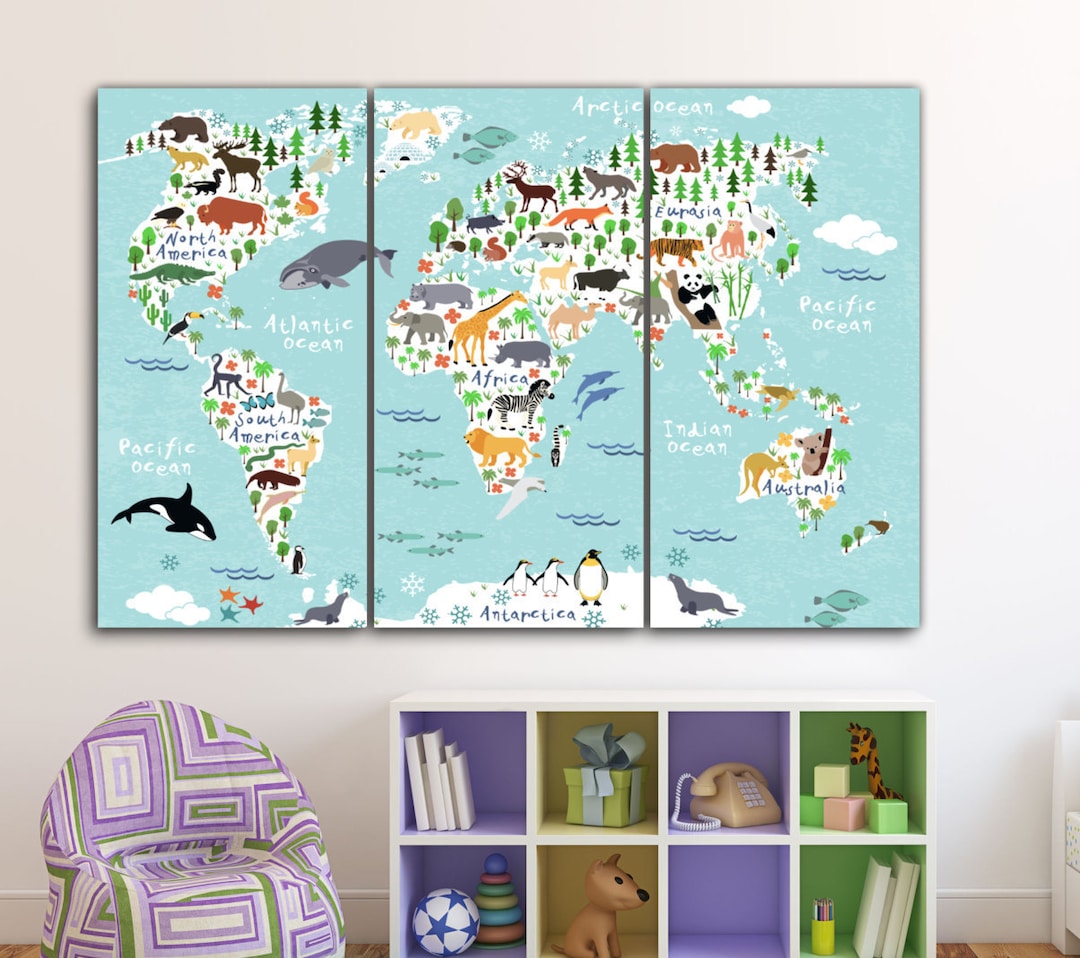 World Animal Map Kids Room Art, Nursery Art, Kids Room Canvas, Animal ...
