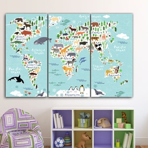 World Animal Map Kids room art, Nursery art, Kids room canvas, Animal art, Nursery wall art, kids world map poster, Childrens Map image 1