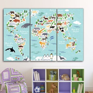 World Animal Map Kids room art, Nursery art, Kids room canvas, Animal art, Nursery wall art, kids world map poster, Childrens Map