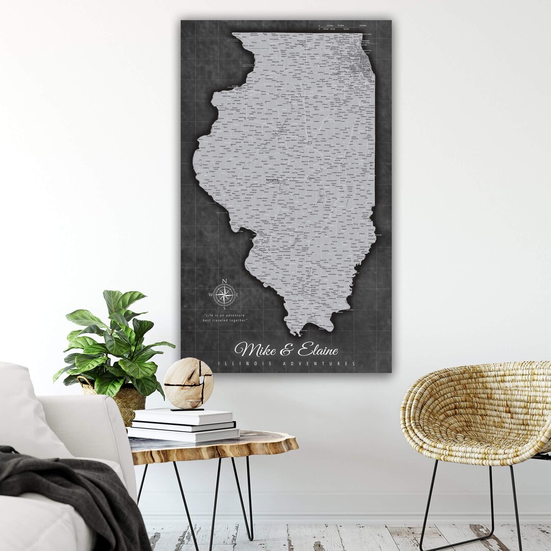 GREY Illinois Push Pin Map, Personalized Illinois State Map, Upscale
